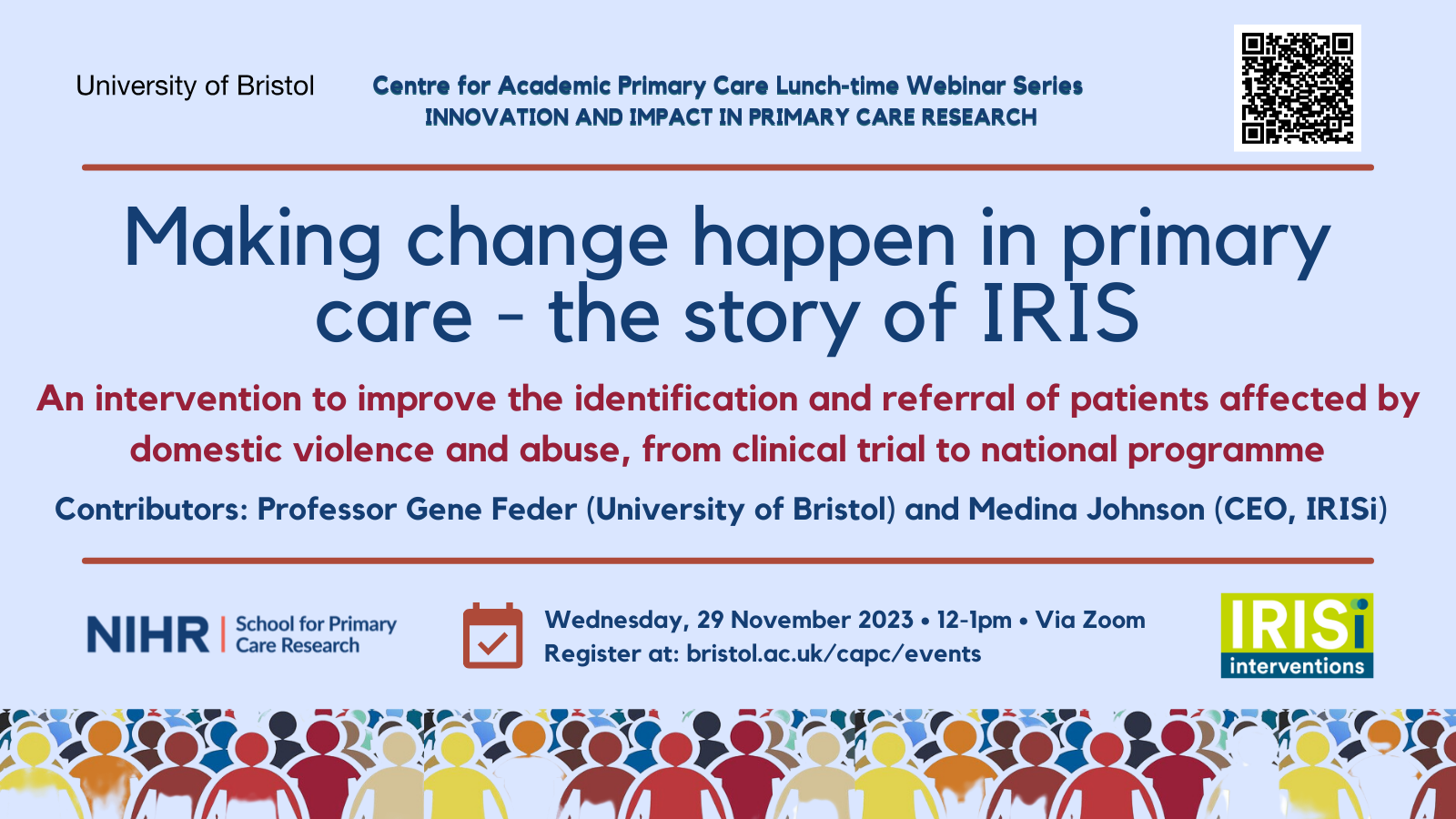 Image advertising the 'Making change happen in primary care' webinar (the story of IRIS) held on 29 November 2023, via Zoom.
